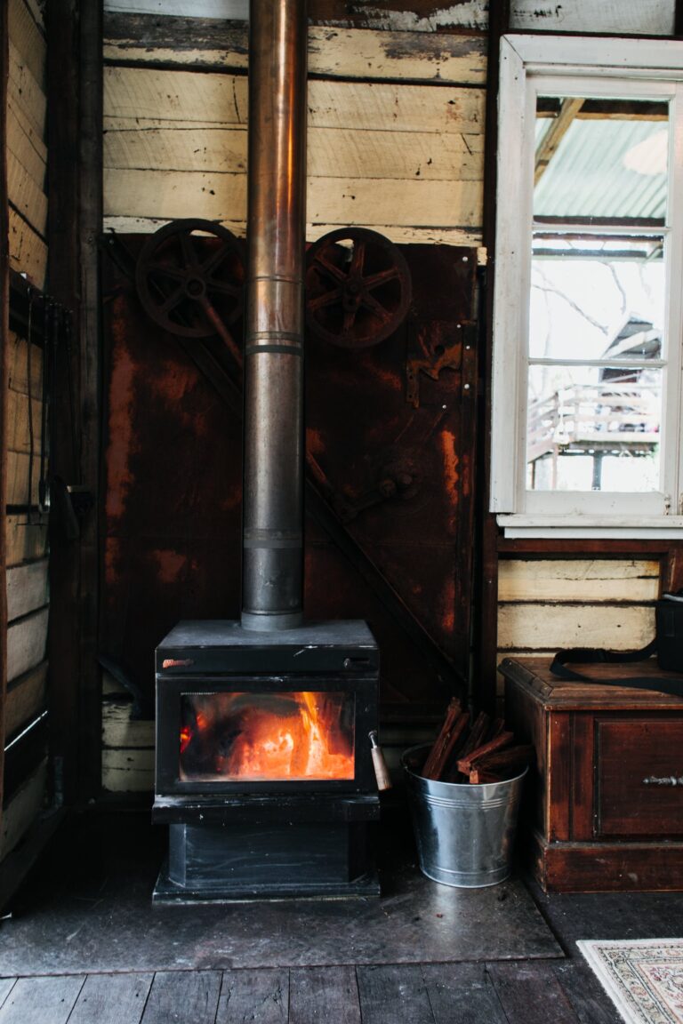 A wood-burning stove with a glass door, flames dancing within, providing both warmth and ambience to the room.